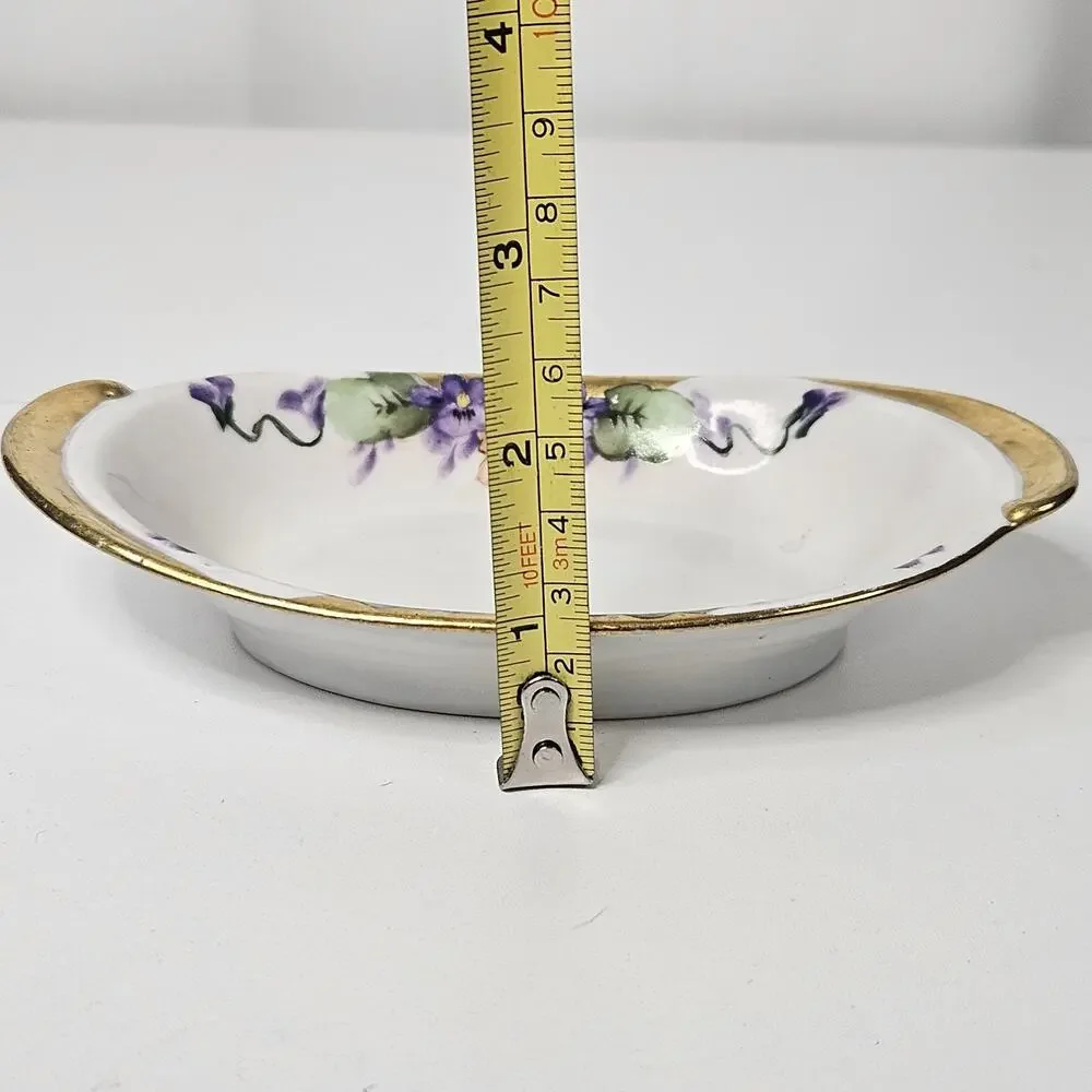 Antique hand-painted porcelain nappy dish candy bowl violet motif gold trim